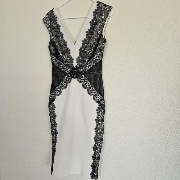 Catherine DeaneCap-Sleeve V-Neck Lace-Panel Sheath Dress, Oyster/Almond size 4 - Picture 8 of 12